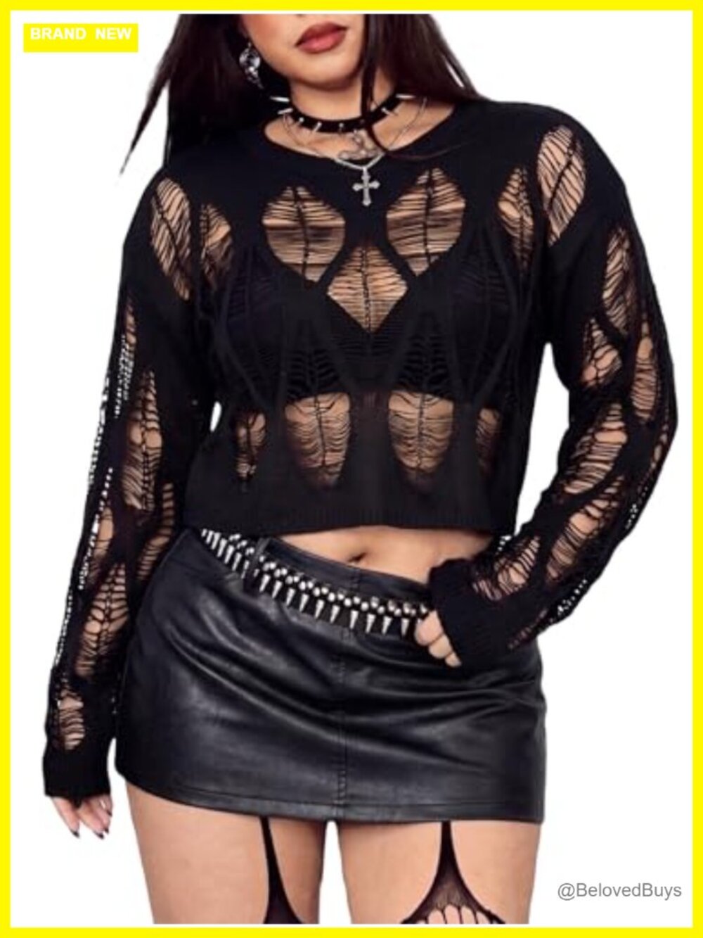 Plus Size Distressed Crochet Crop Sweater Gothic Hollow Out Y2k Top